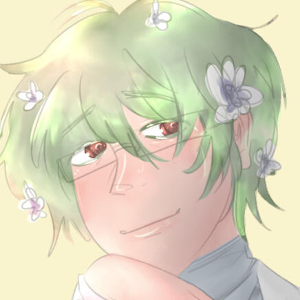 A drawn image of a person with pale skin, dark brown eyes, and lighter green hair. They are smiling.